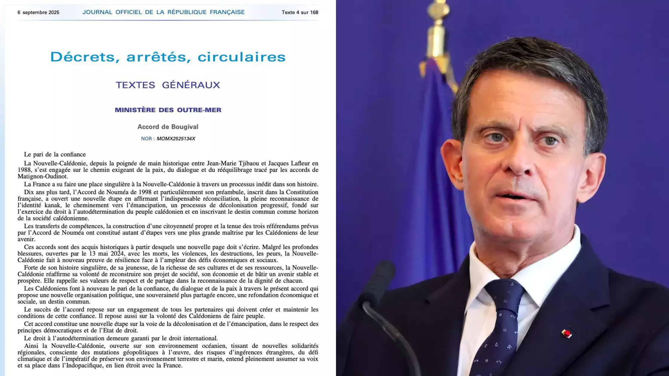 Nouvelle-Calédonie : l’accord de Bougival publié au Journal officiel, une « étape importante vers la mise en oeuvre concrète» déclare Manuel Valls
