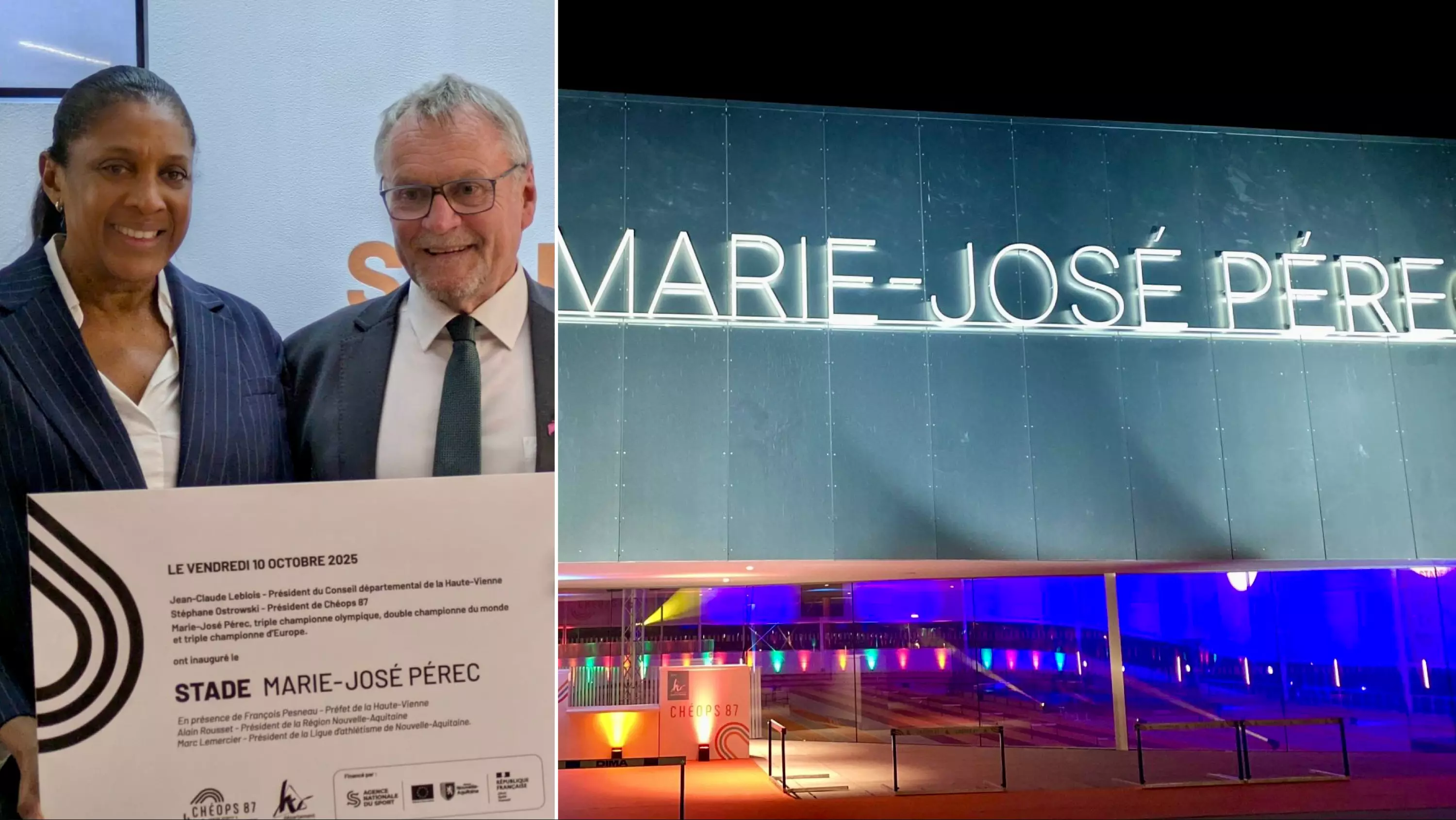 Inauguration du stade couvert Marie-José-Pérec à Limoges, en présence de l'athlète guadeloupéenne