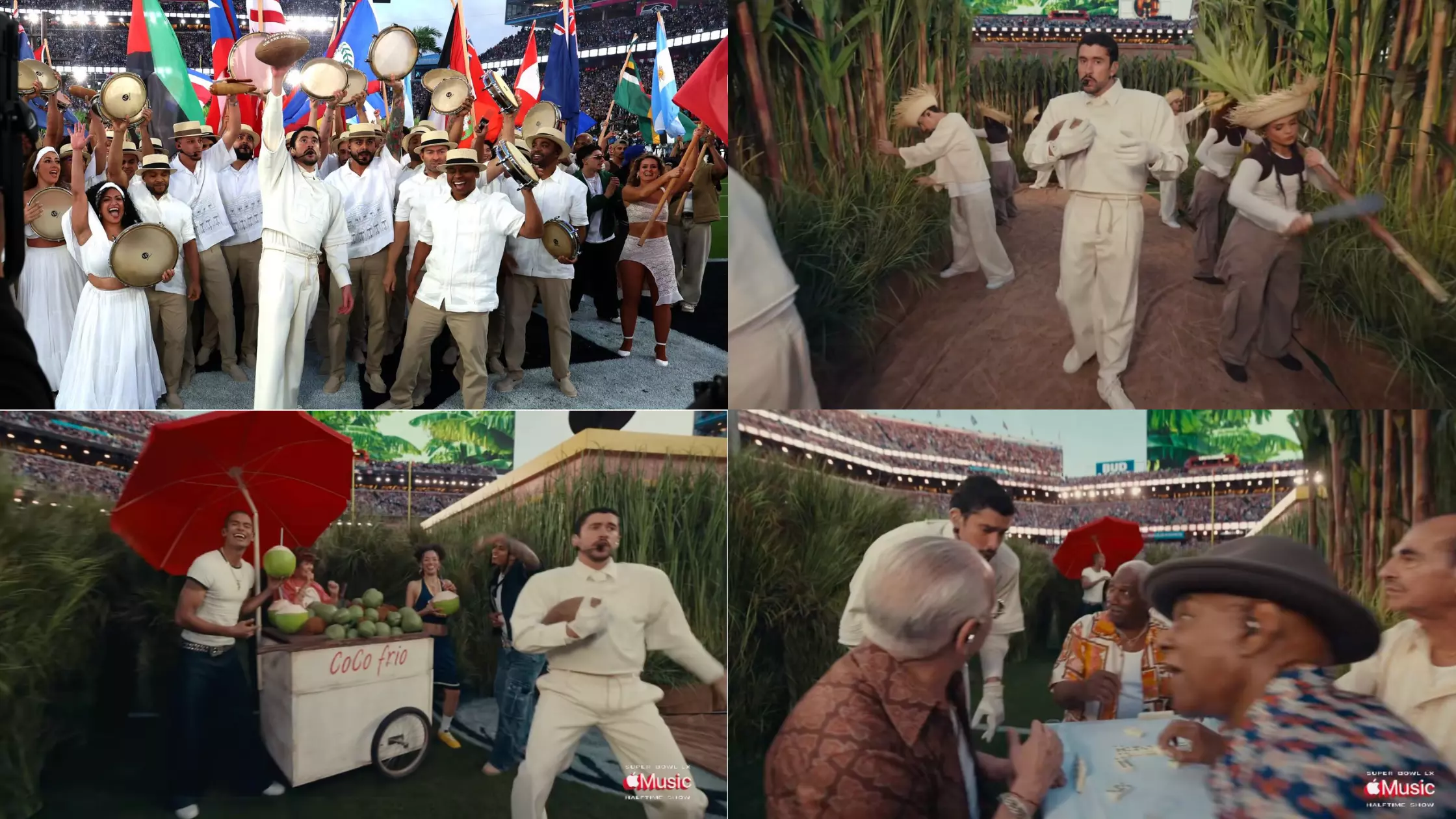 Bad Bunny au Super Bowl : Drapeau de Martinique, champs de canne, eau de coco, joueurs de domino, une célébration éclatante de la culture caribéenne et latino-américaine