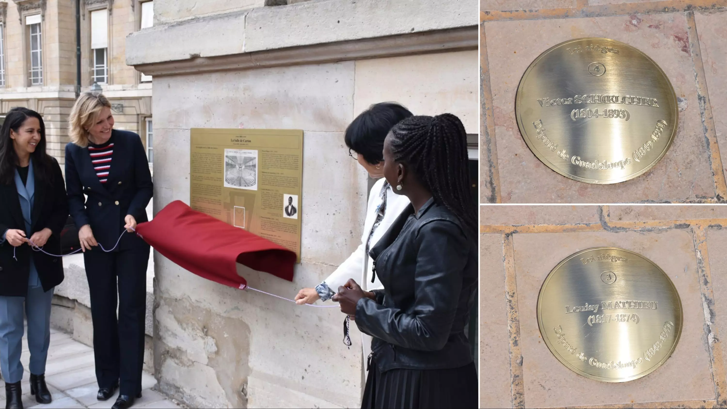 Assemblée nationale : Yaël Braun-Pivet dévoile des plaques commémoratives en hommage à cinq députés abolitionnistes, dont Victor Schœlcher et Louisy Mathieu