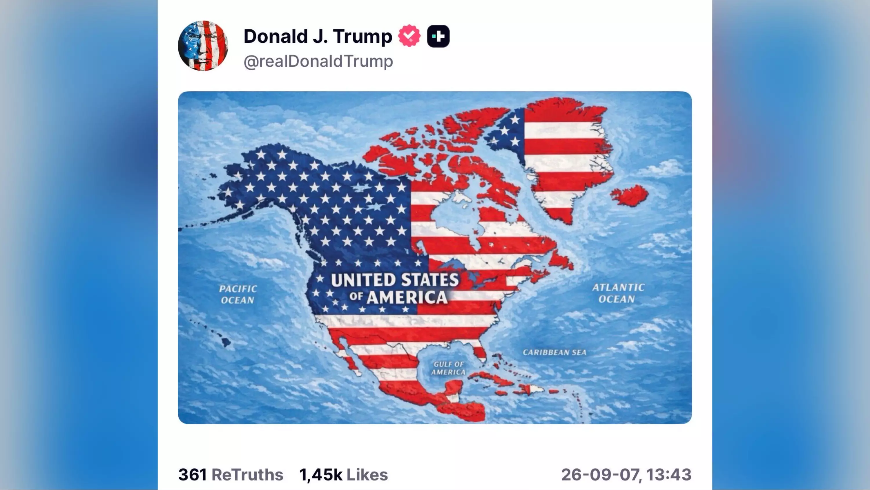 Donald Trump publie une carte des États-Unis englobant le Canada, le Mexique mais aussi les Antilles