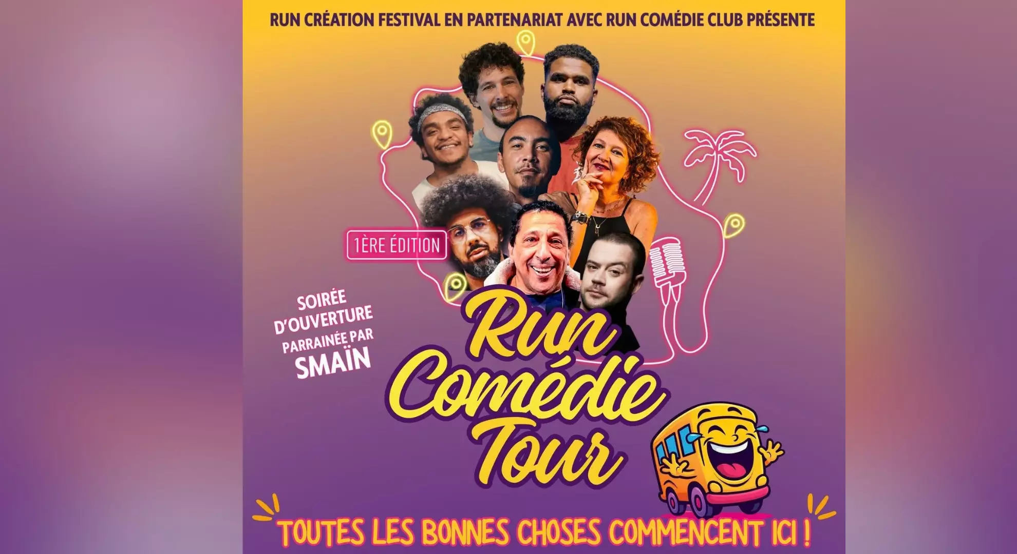 Dix-sept humoristes, talents locaux, de l’Hexagone et invités internationaux, pour répandre le rire aux quatre coins de La Réunion à l’occasion de la 1ère édition du Festival Run Comédie Tour