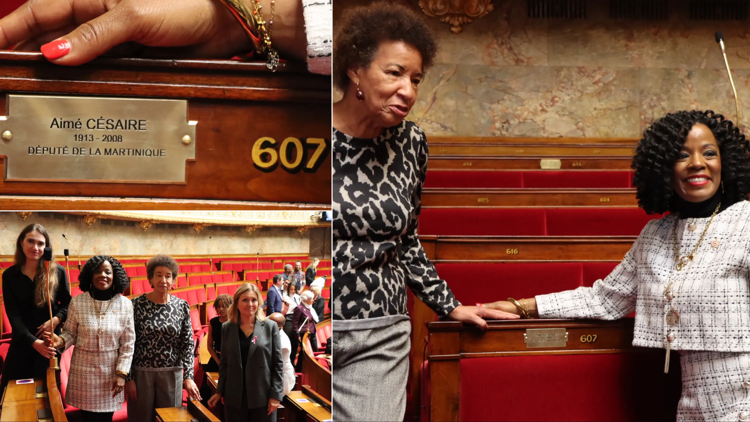 Une plaque en hommage à Aimé Césaire apposée sur le siège 607 de l’Assemblée nationale